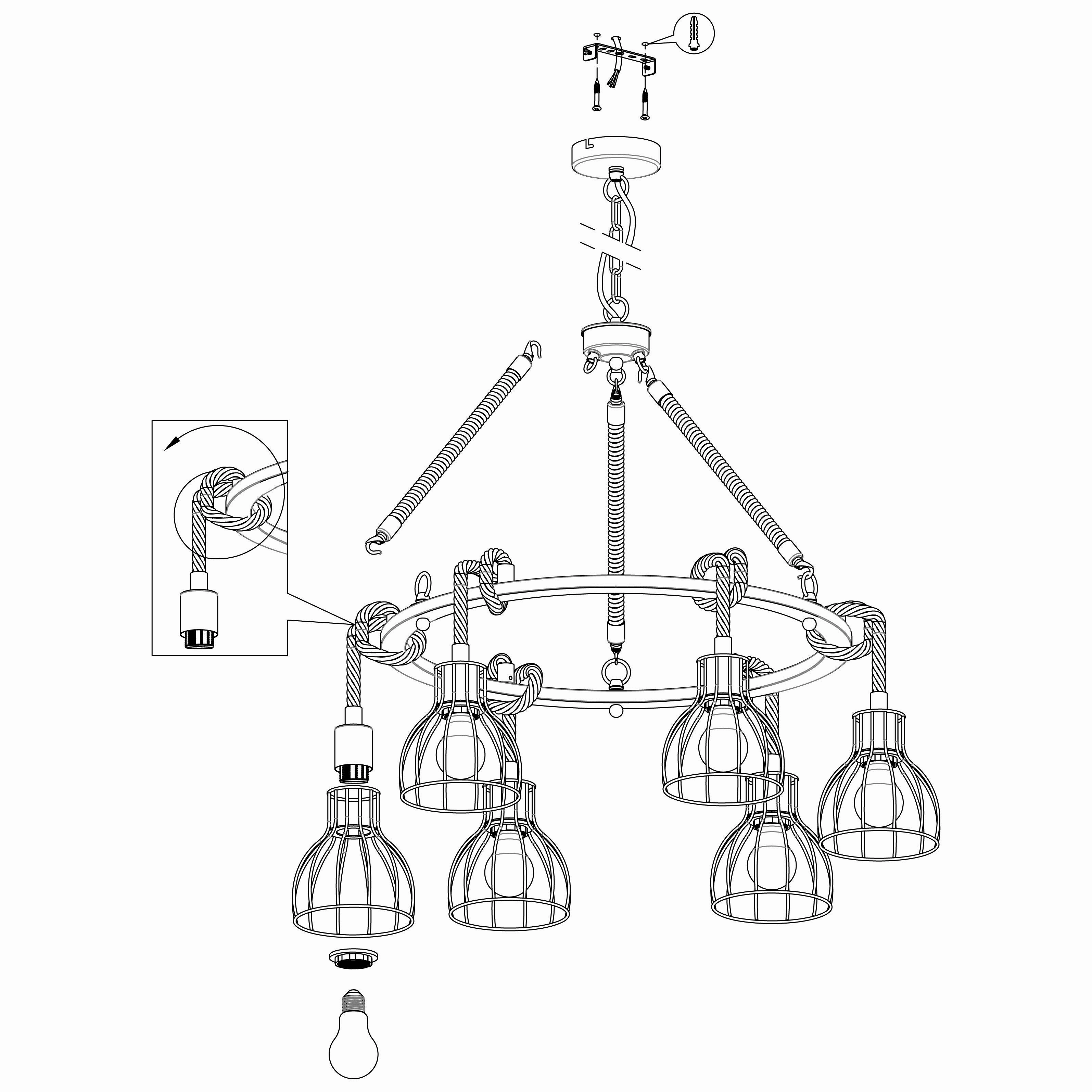Eglo Rampside Rope 6 Light Ceiling Pendant - Black Wire Shades