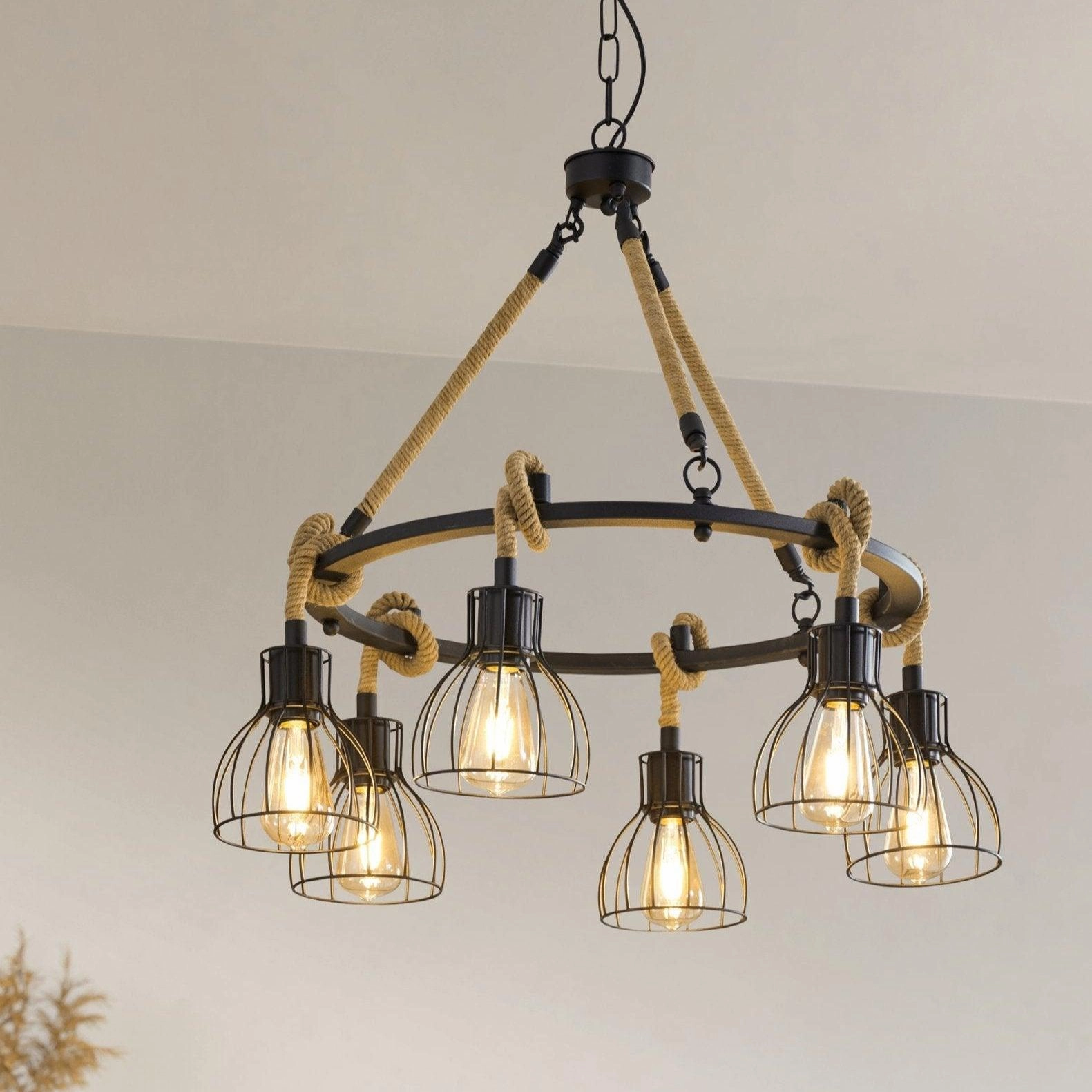 Eglo Rampside Rope 6 Light Ceiling Pendant - Black Wire Shades flush mount ceiling fixture