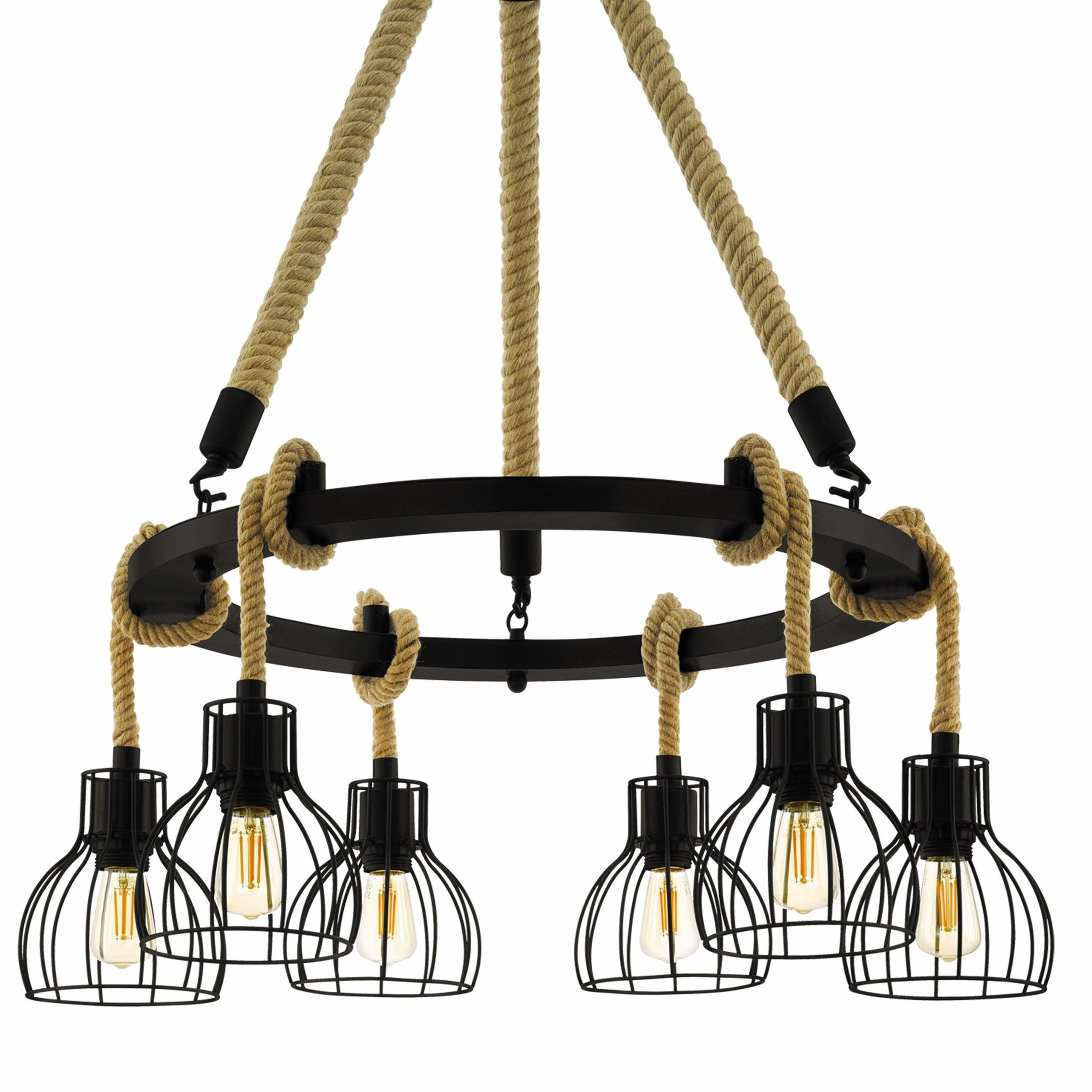 Eglo Rampside Rope 6 Light Ceiling Pendant - Black Wire Shades