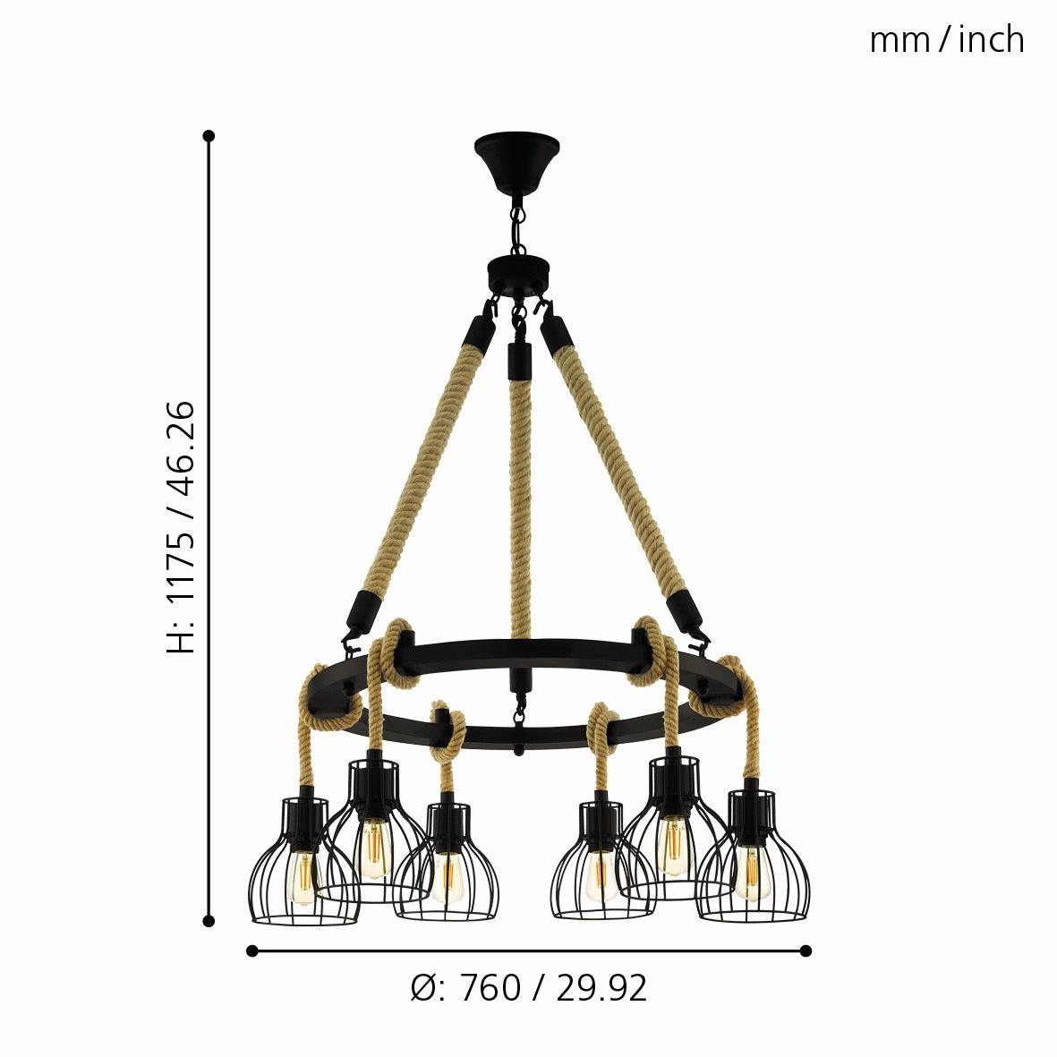 Eglo Rampside Rope 6 Light Ceiling Pendant - Black Wire Shades