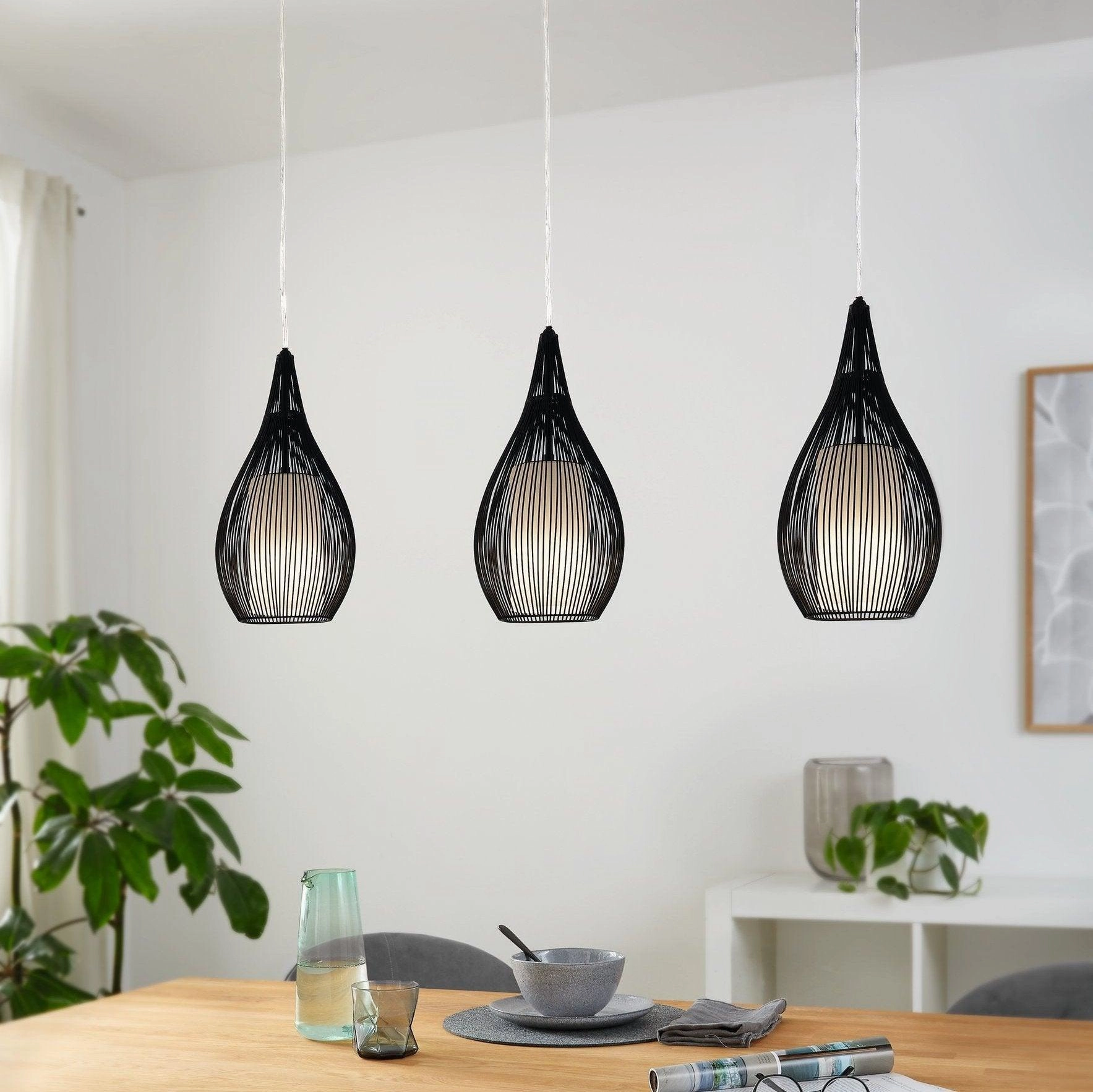 Eglo Razoni 3 Light Black Rounded Wire & Glass Shaded Pendant flush mount ceiling fixture