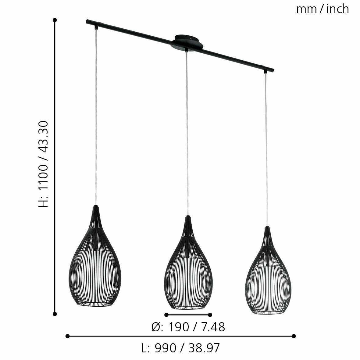 Eglo Razoni 3 Light Black Rounded Wire & Glass Shaded Pendant
