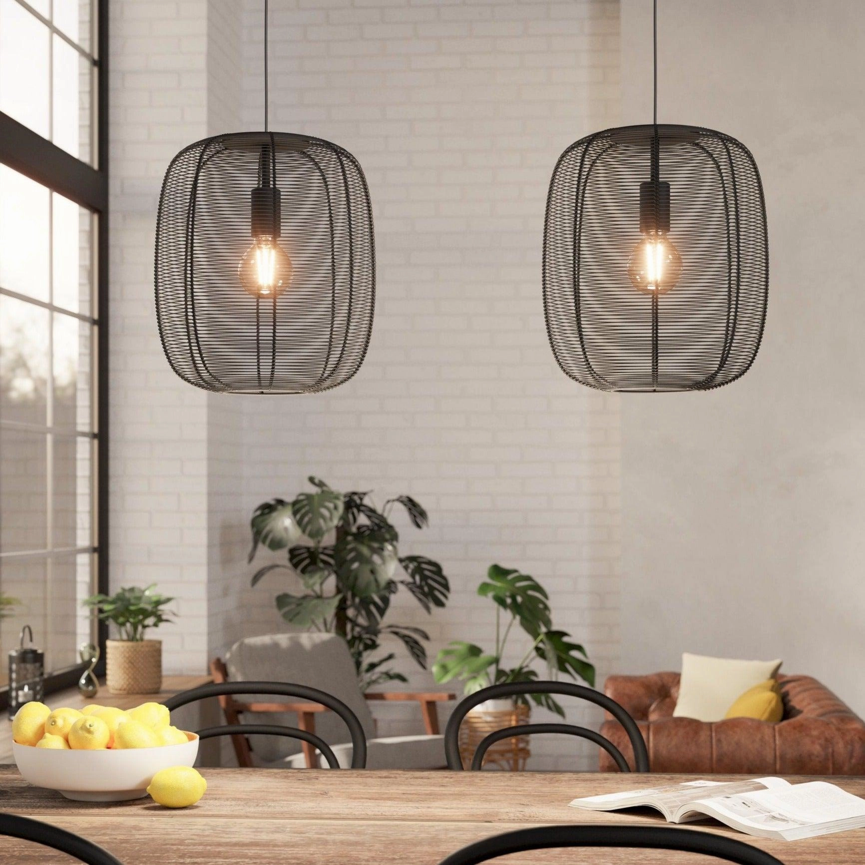 Eglo Rinroe 2 Light Industrial Wire-caged Black Ceiling Pendant flush mount ceiling fixture