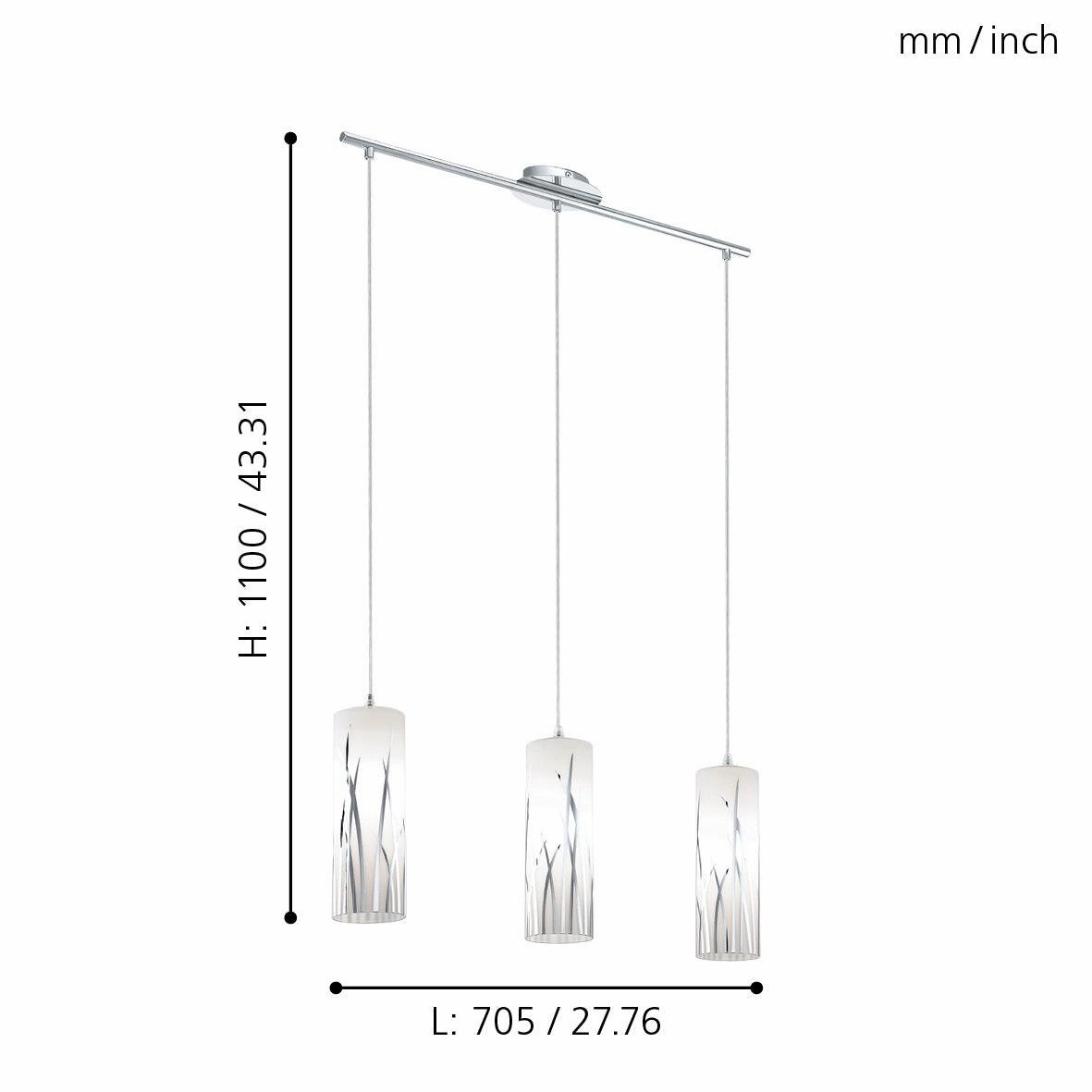 Eglo Rivato 3 Light Bar Chrome Pendant - White Glass Shades