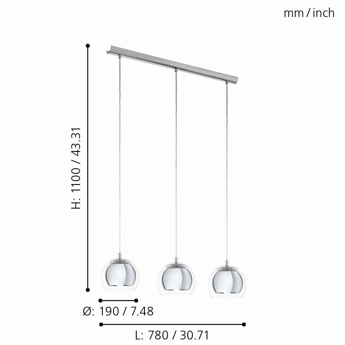 Eglo Rocamar 3 Light Clear Glass & Chrome Ceiling Pendant
