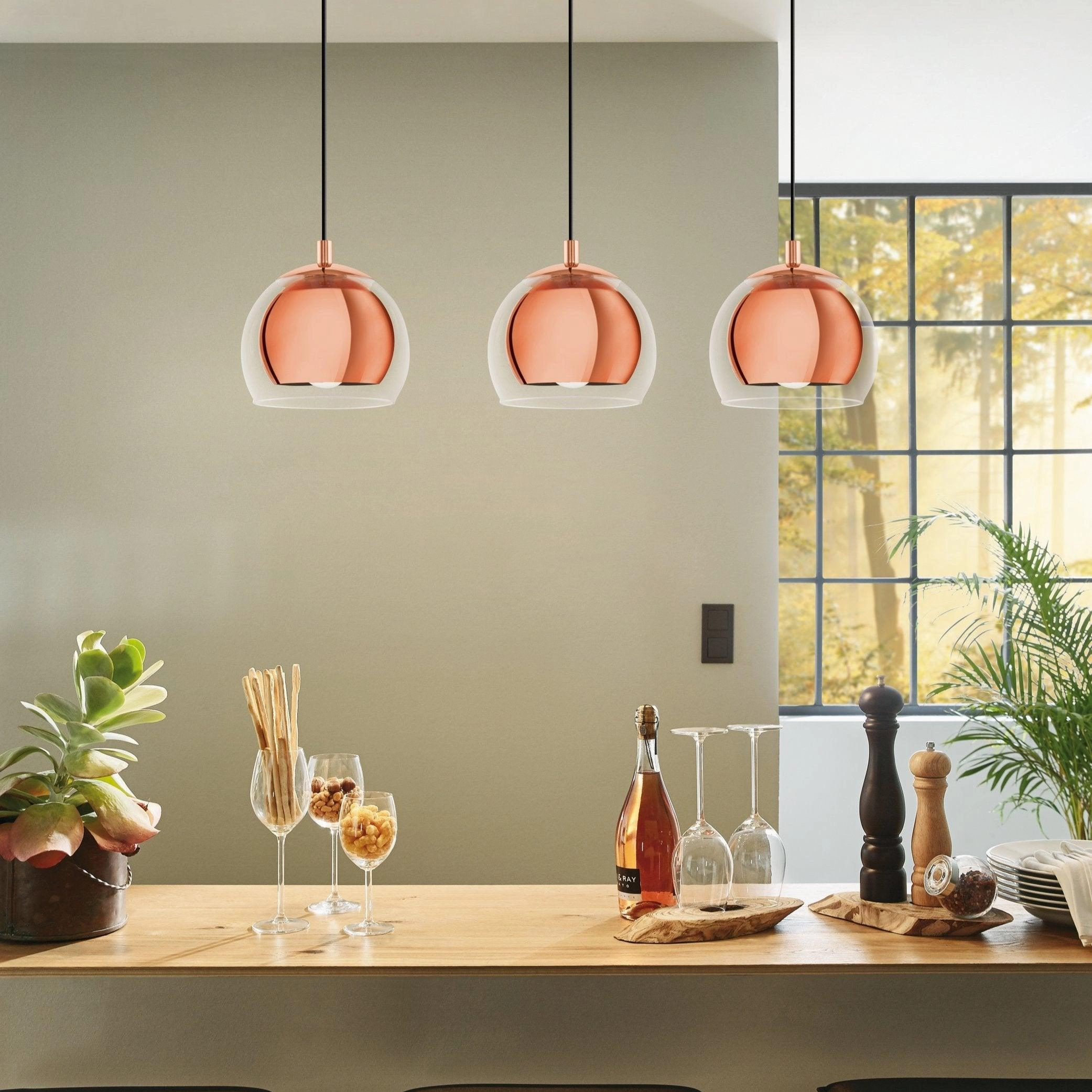 Eglo Rocamar 3 Light Clear Glass & Copper Ceiling Pendant flush mount ceiling fixture