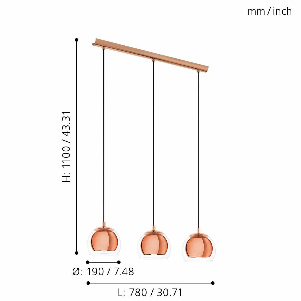 Eglo Rocamar 3 Light Clear Glass & Copper Ceiling Pendant