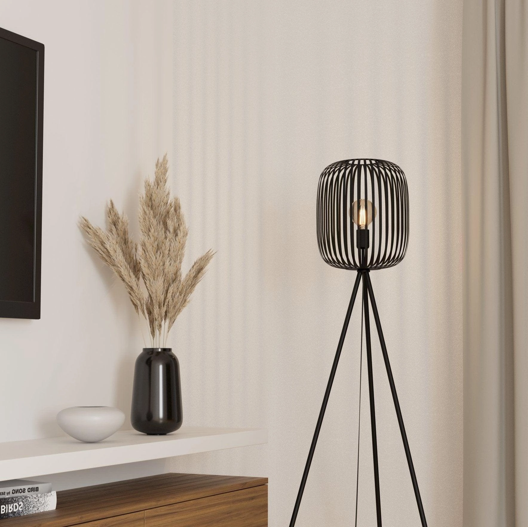 Eglo Romazzina Black Tripod Floor Lamp - Caged Lampshade
