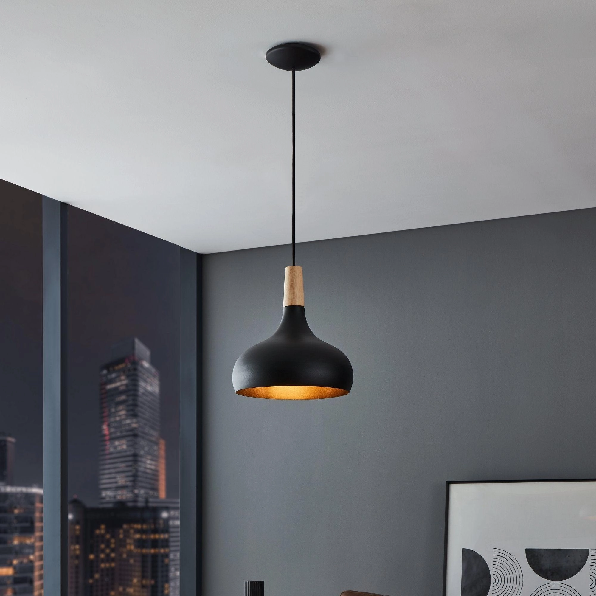 Eglo Sabinar Black Metal & Wood Ceiling Pendant flush mount ceiling fixture