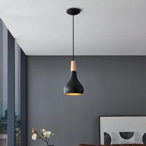 Eglo Sabinar Black Metal & Wood Curved Ceiling Pendant flush mount ceiling fixture