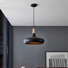 Eglo Sabinar Black Metal & Wood Lampshade Pendant - 40cm flush mount ceiling fixture