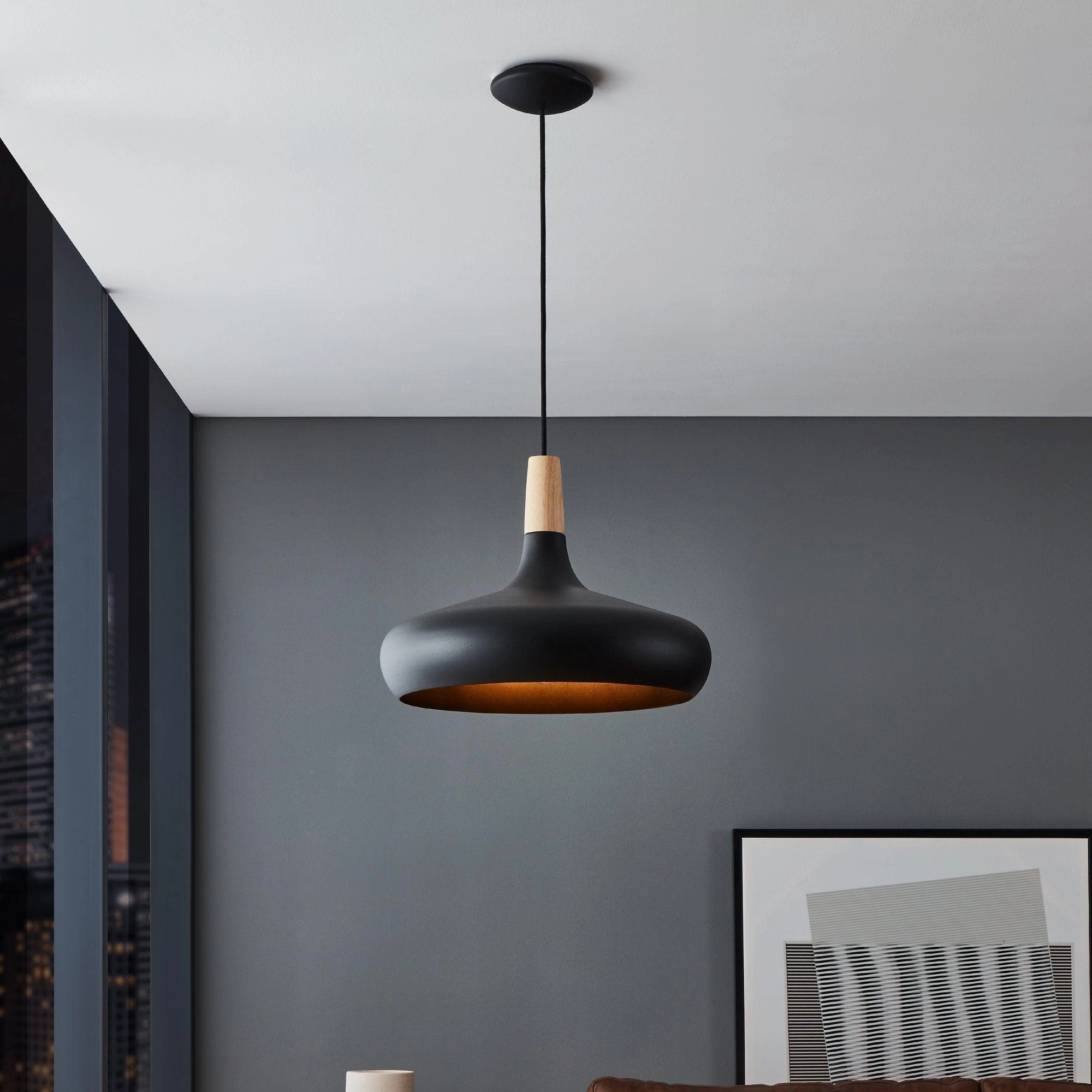 Eglo Sabinar Black Metal & Wood Lampshade Pendant - 40cm flush mount ceiling fixture