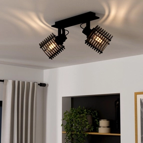 Eglo Segovia Black Steel & Wood 2 Light Bar Spotlight tall arc lamp for living room