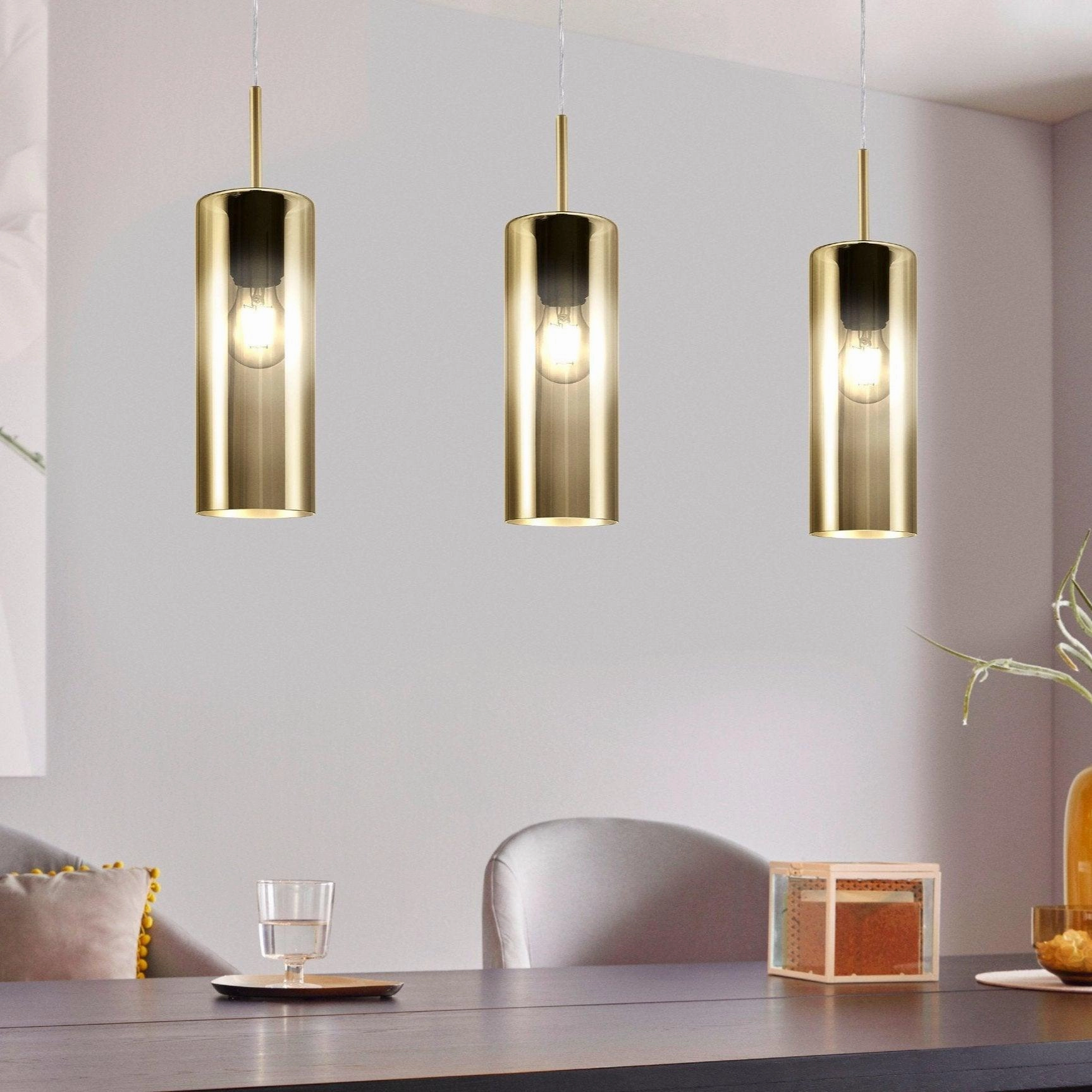 Eglo Selvino 3 Light Cylindrical Gold Coated Glass Pendant