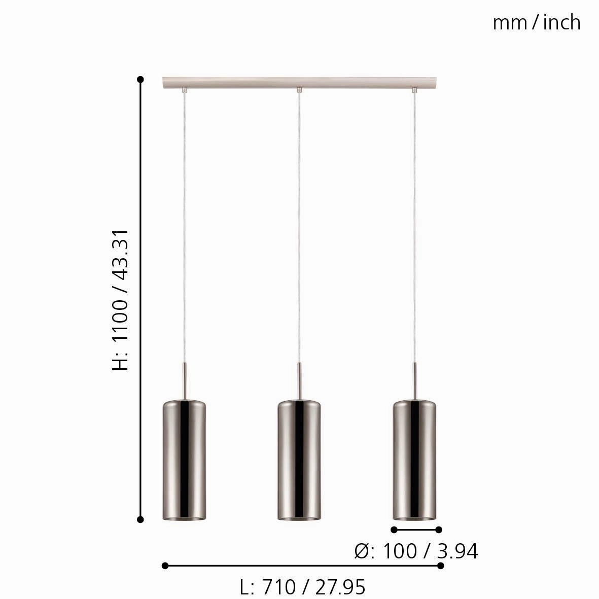 Eglo Selvino 3 Light Cylindrical Gold Coated Glass Pendant
