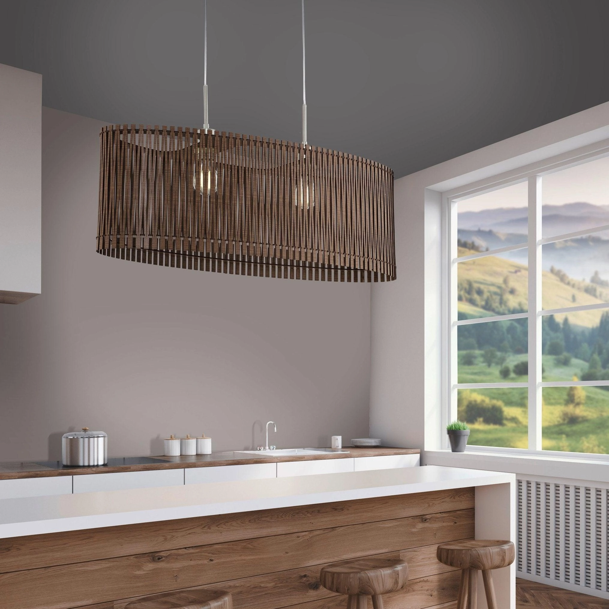 Eglo Sendero Oval 2 Light Brown Wooden Slat Lampshade Pendant