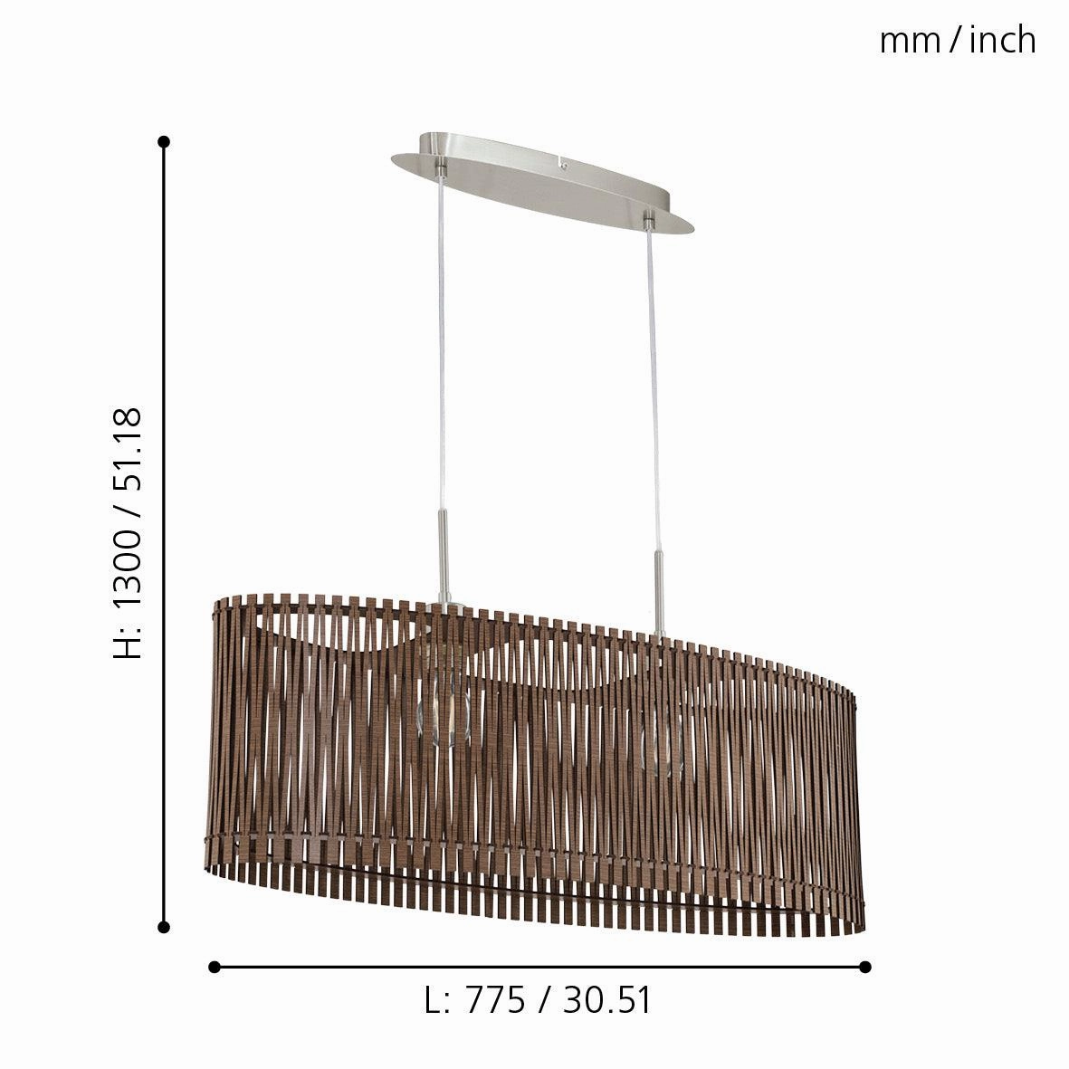 Eglo Sendero Oval 2 Light Brown Wooden Slat Lampshade Pendant