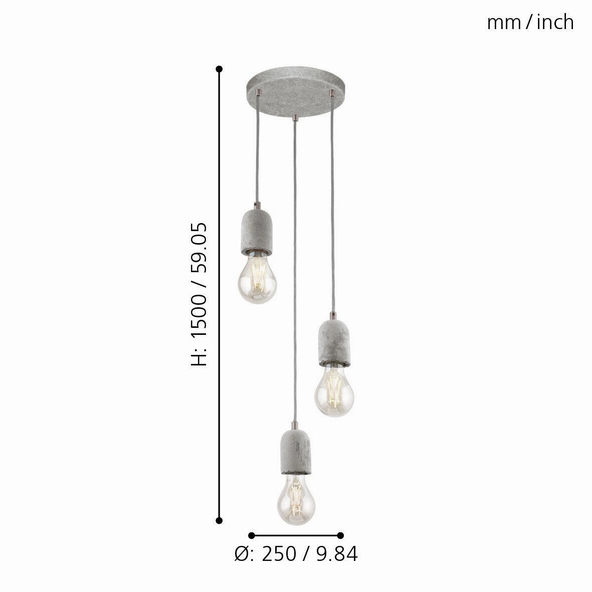 Eglo Silvares 3 Light Concrete Holder & Clear Cable Ceiling Pendant