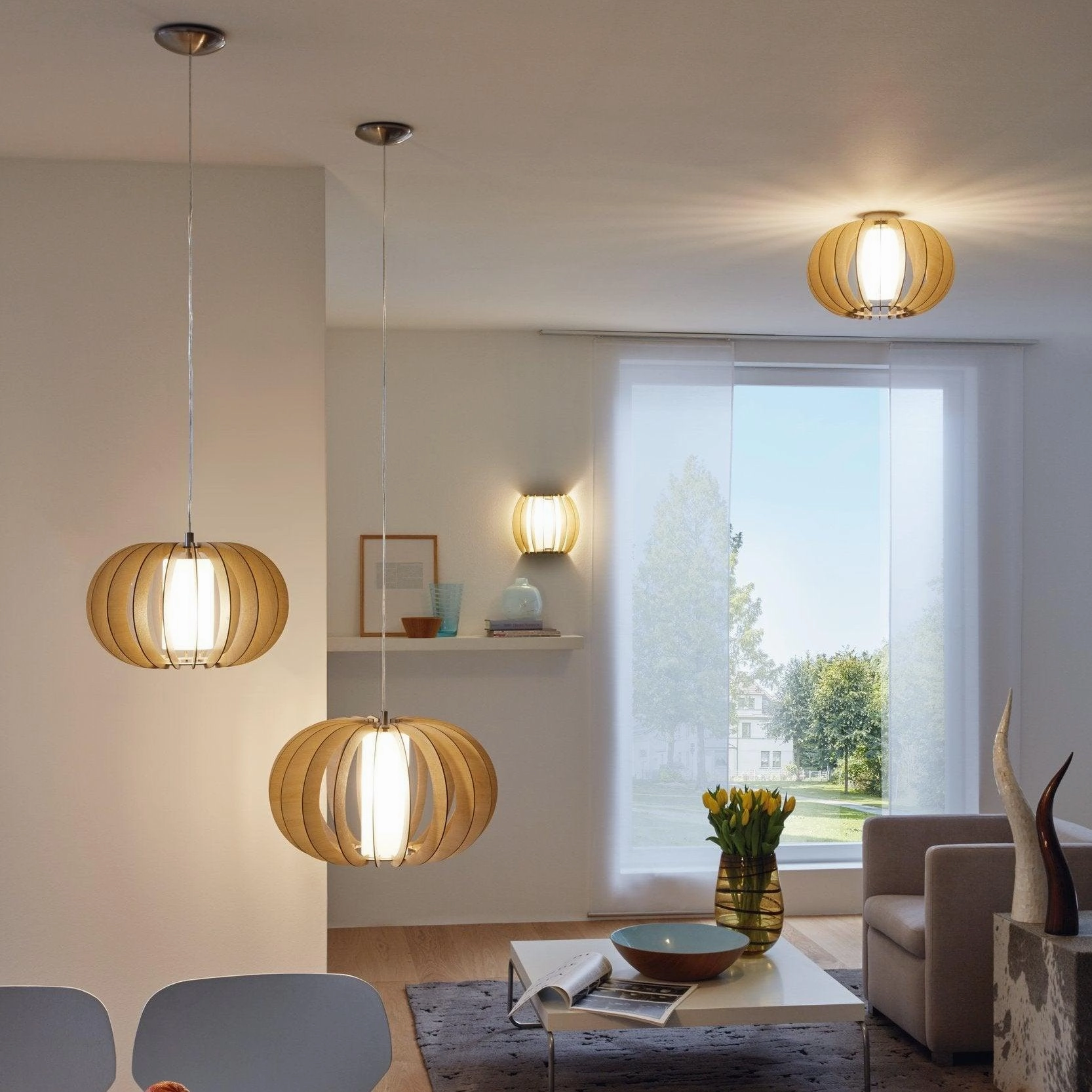 Eglo Stellato 1 Round Light Wood & Glass Cylinder Pendant