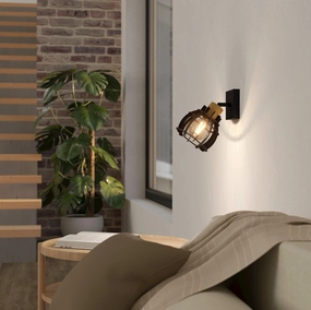 Eglo Stillington 1 Wood & Black Wall Spotlight tall arc lamp for living room