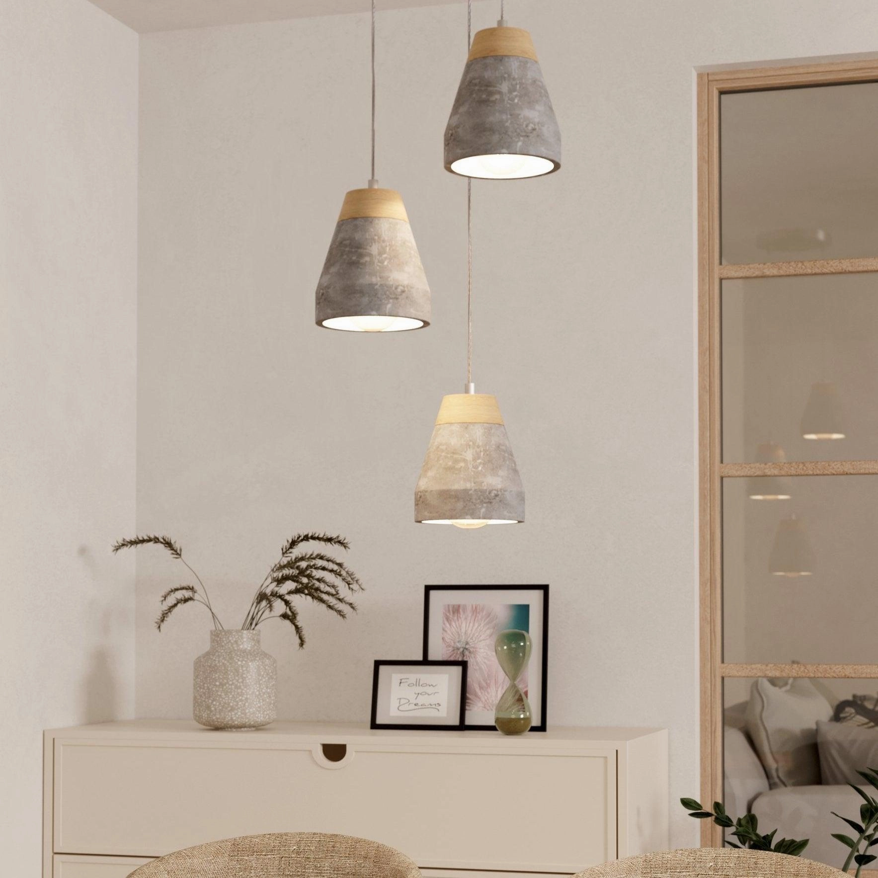 Eglo Tarega Concrete & Wood 3 Light Lampshade Ceiling Pendant