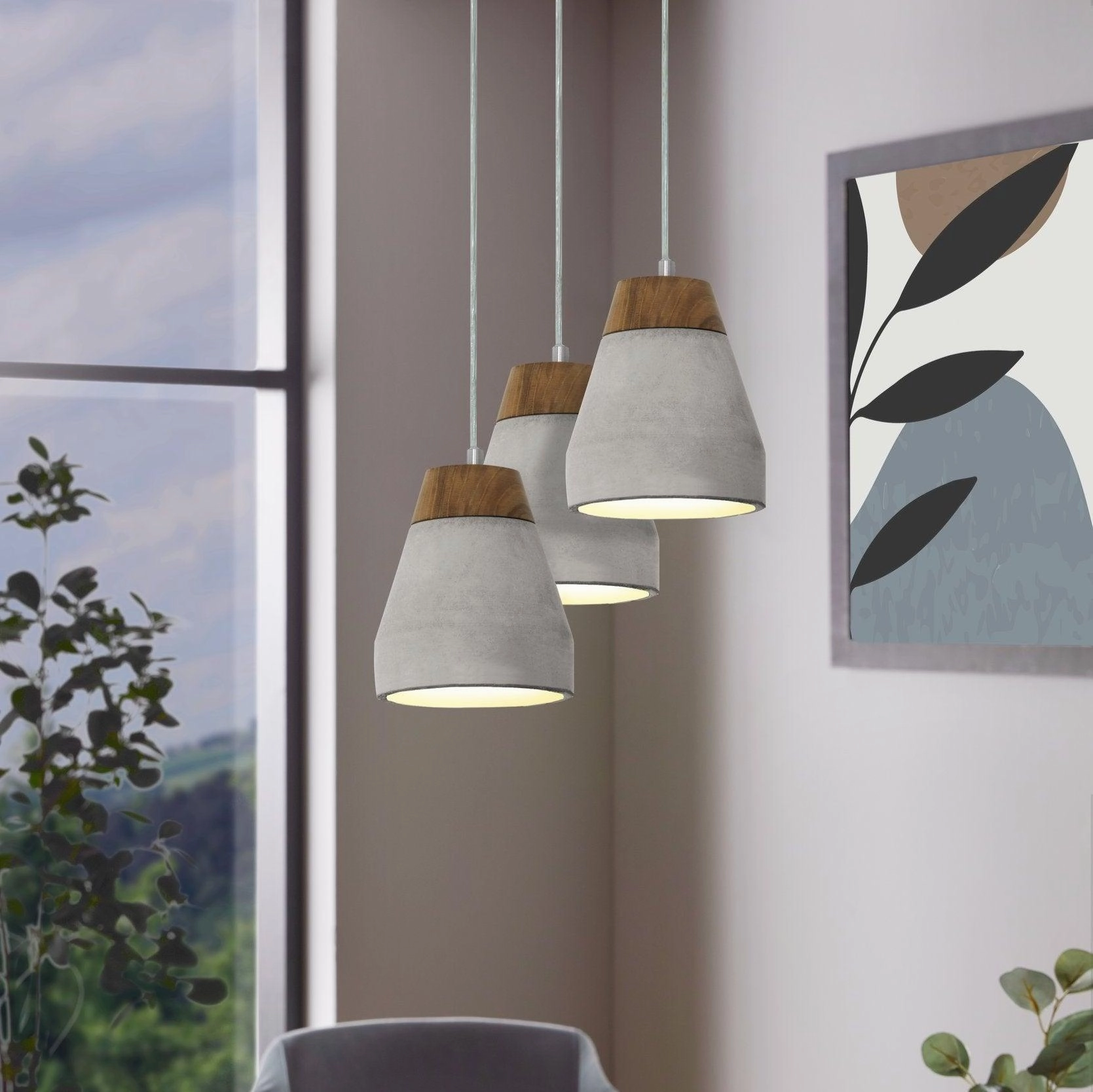 Eglo Tarega Concrete & Wood 3 Light Lampshade Ceiling Pendant