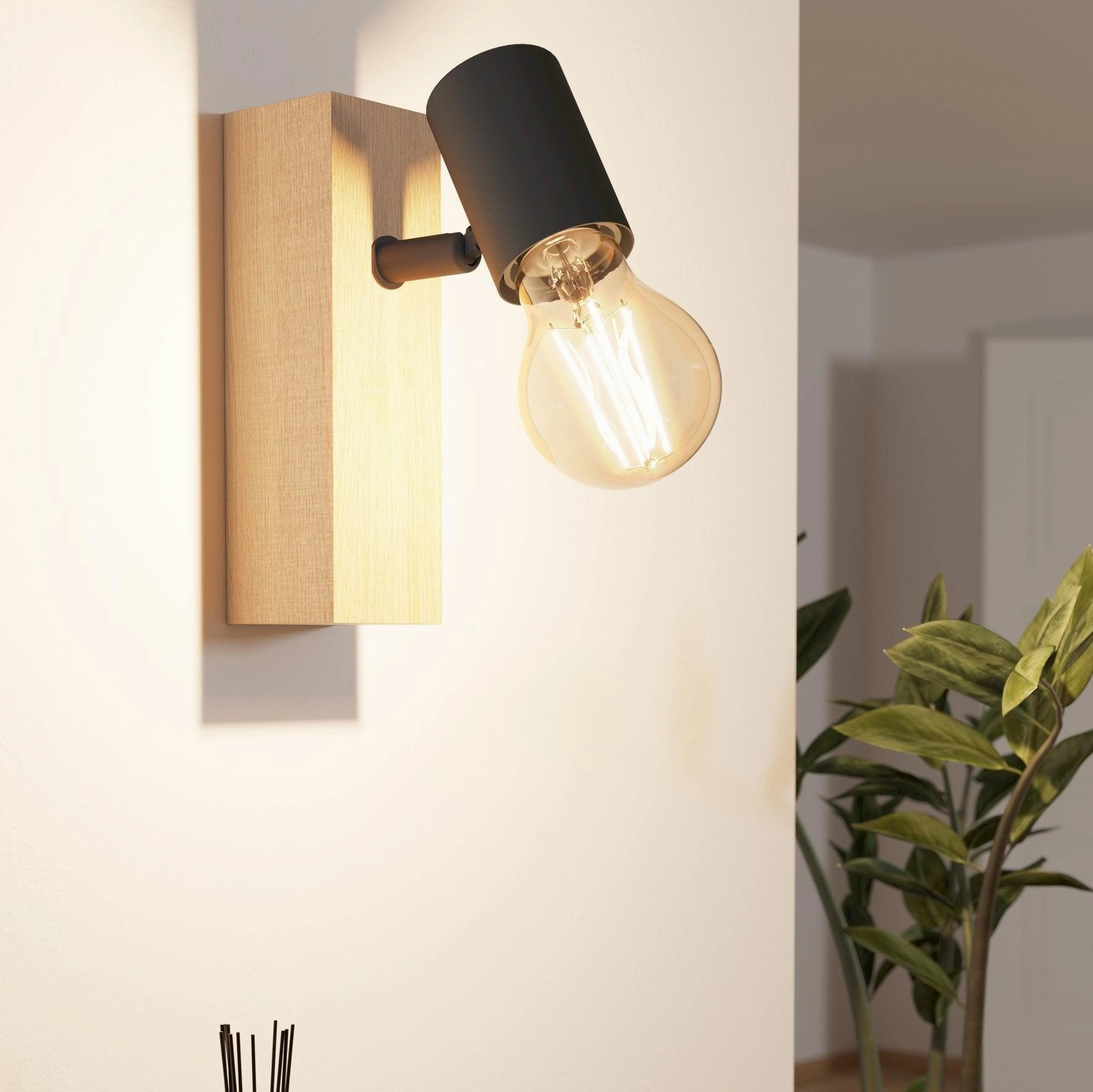 Eglo Townshend 3 Wood & Black Finish Wall Spotlight tall arc lamp for living room