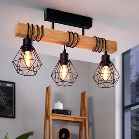 Eglo Townshend 5 Adjustable Black & Wooden Bar Pendant - 3 Light sleek LED ceiling lamp