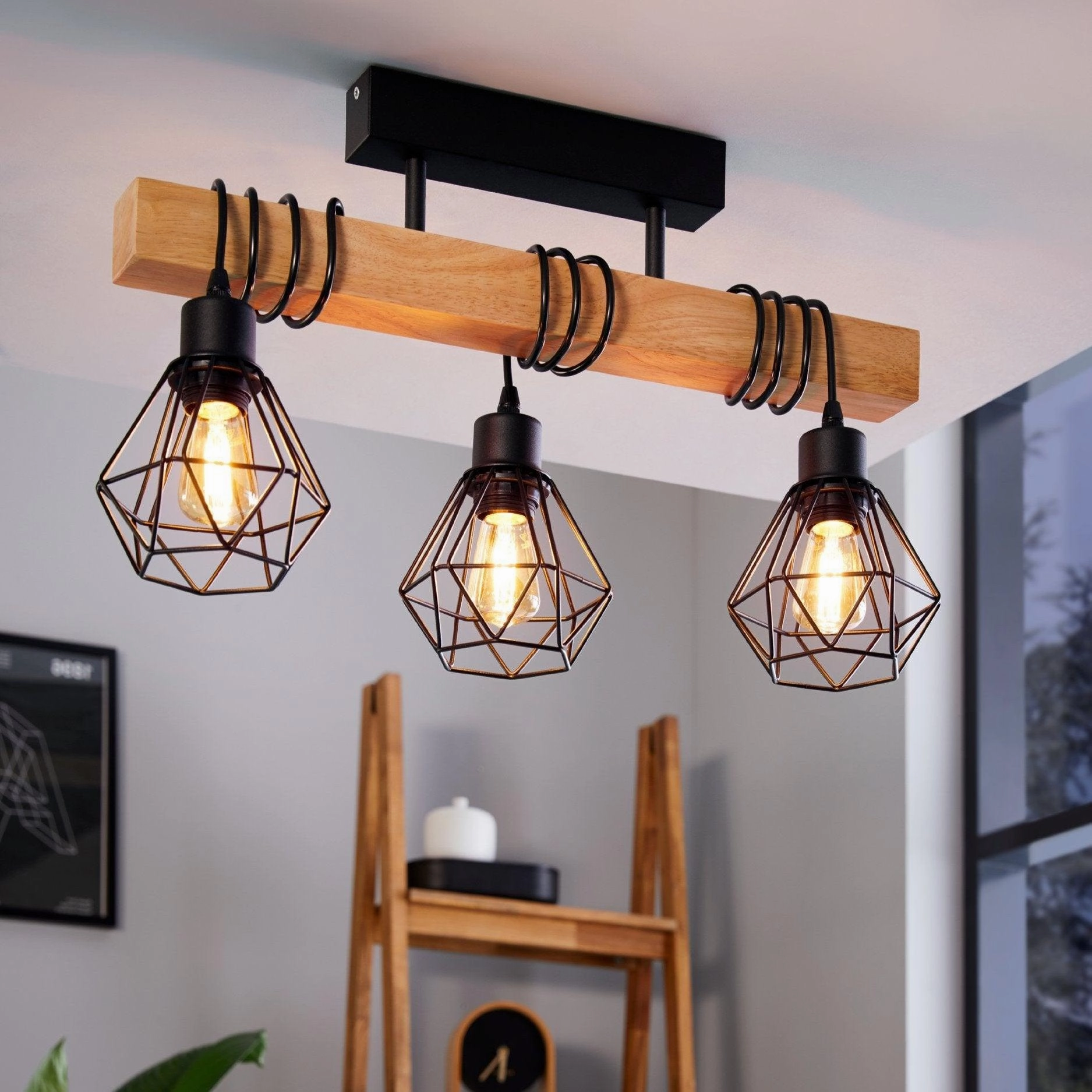 Eglo Townshend 5 Adjustable Black & Wooden Bar Pendant - 3 Light sleek LED ceiling lamp