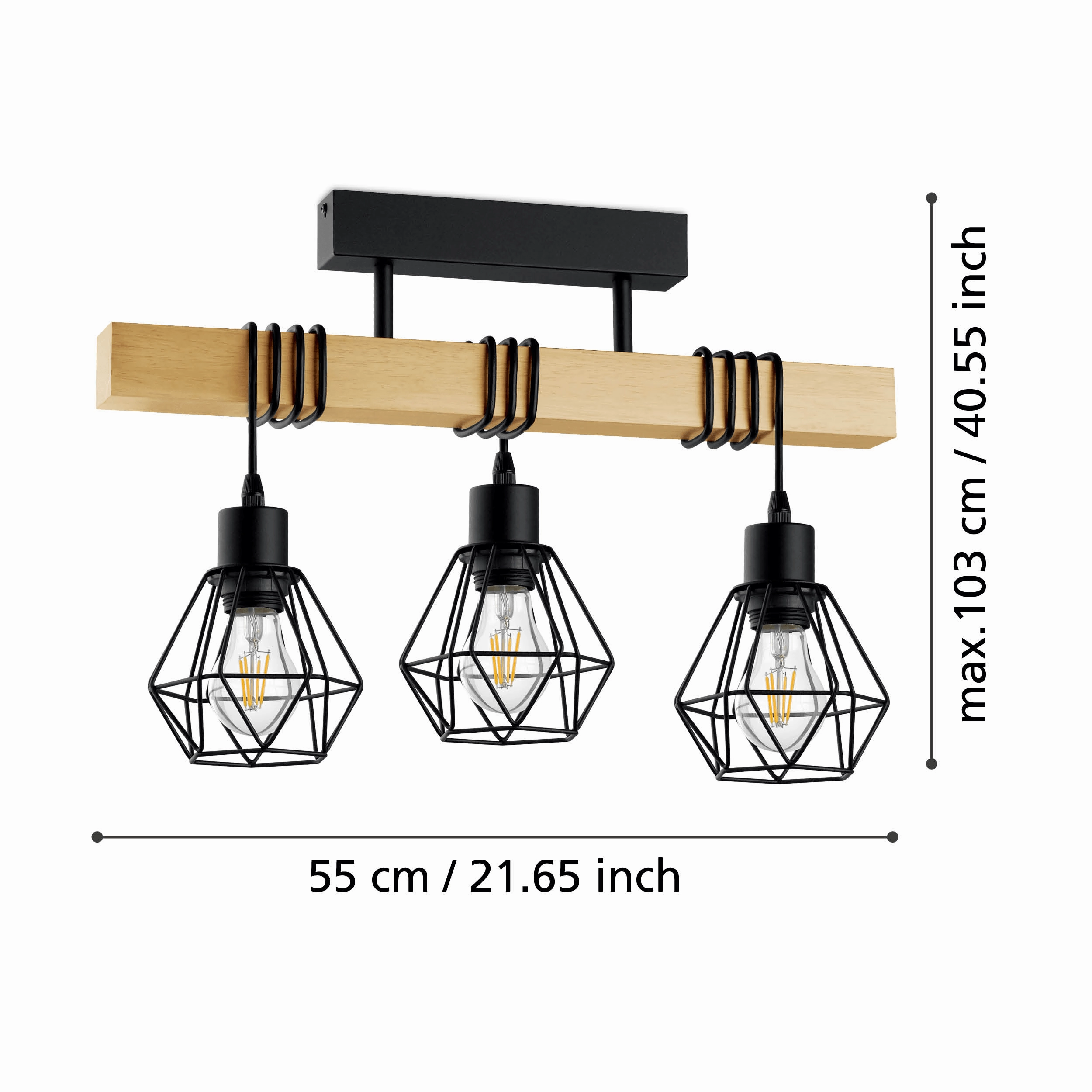 Eglo Townshend 5 Adjustable Black & Wooden Bar Pendant - 3 Light