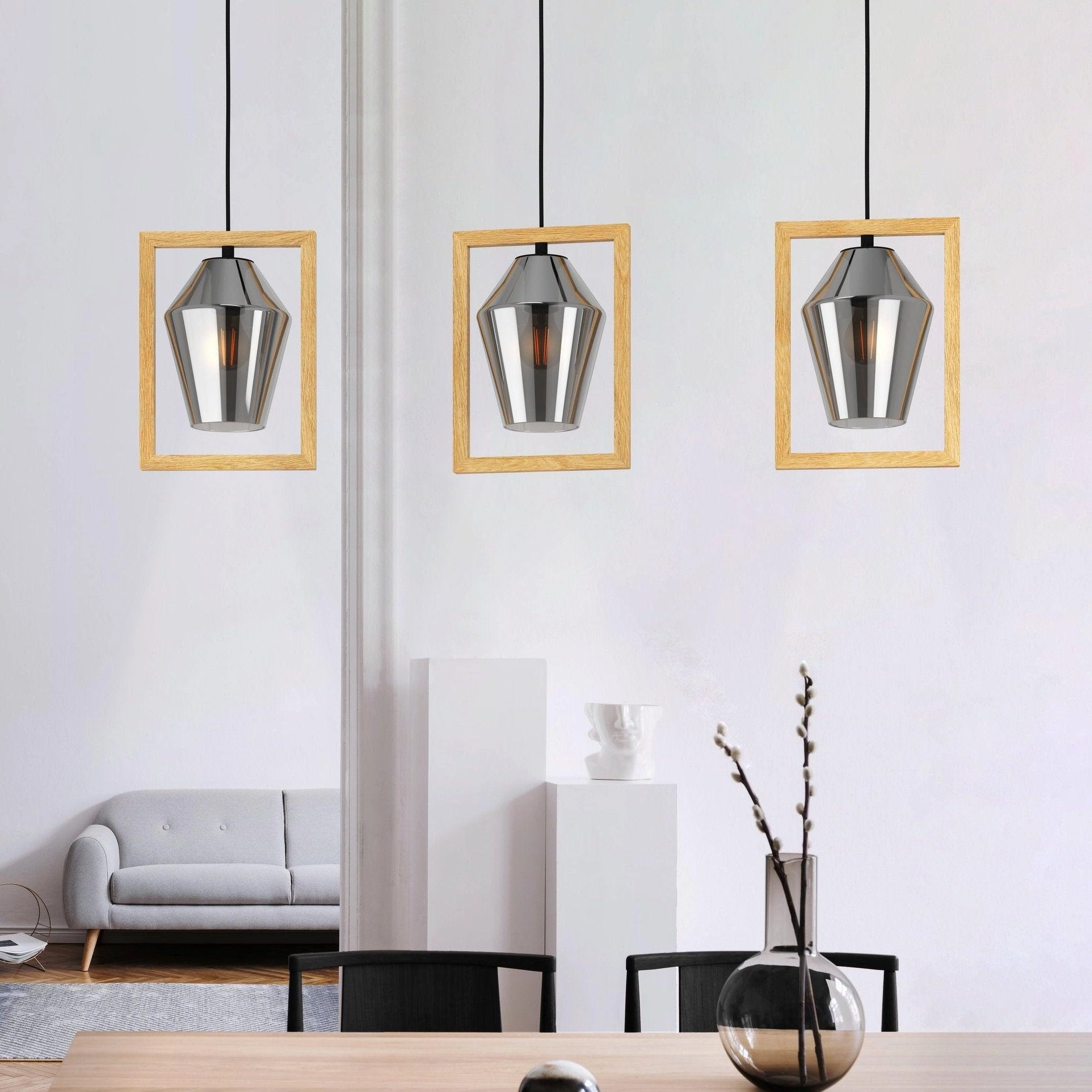 Eglo Viglioni 3 Light Smoked Black Glass & Wood Pendant