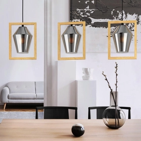 Eglo Viglioni 3 Light Smoked Black Glass & Wood Pendant sleek LED ceiling lamp