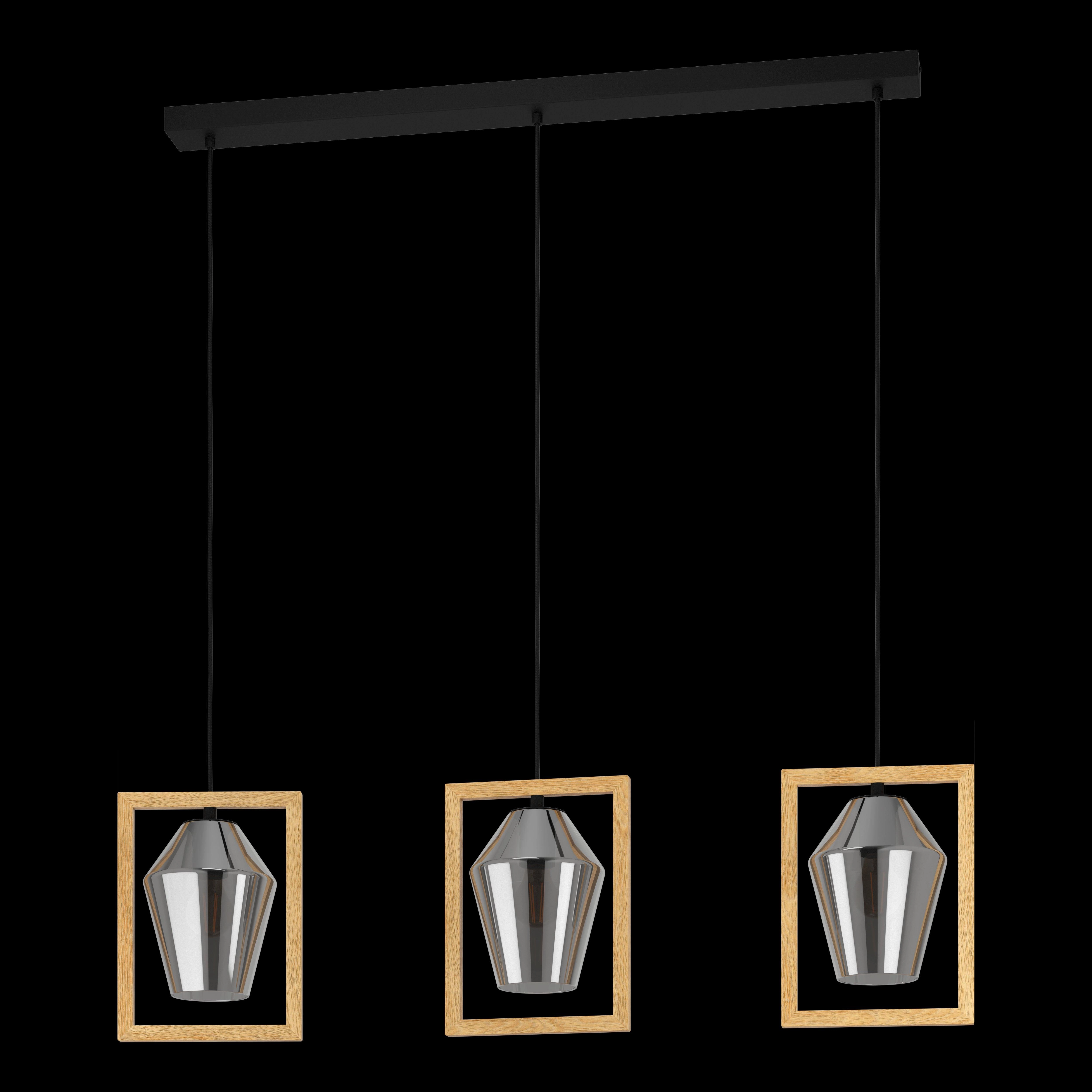 Eglo Viglioni 3 Light Smoked Black Glass & Wood Pendant