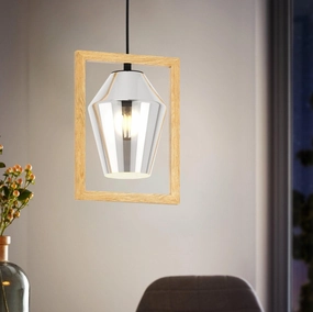 Eglo Viglioni Smoked Black Glass & Wood Framed Pendant sleek LED ceiling lamp