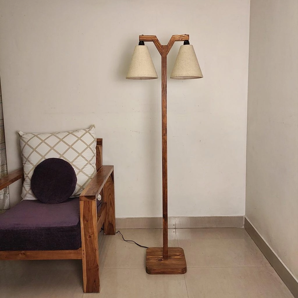 Elania Wooden Floor Lamp with Brown Base and Beige Fabric Lampshade (BULB NOT INCLUDED)