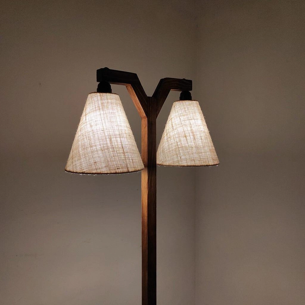 Elania Wooden Floor Lamp with Brown Base and Beige Fabric Lampshade (BULB NOT INCLUDED)
