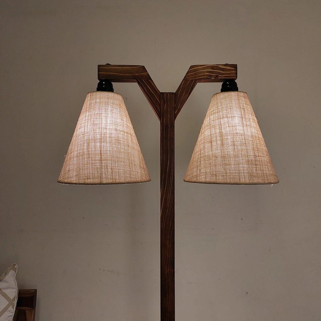 Elania Wooden Floor Lamp with Brown Base and Beige Fabric Lampshade (BULB NOT INCLUDED)
