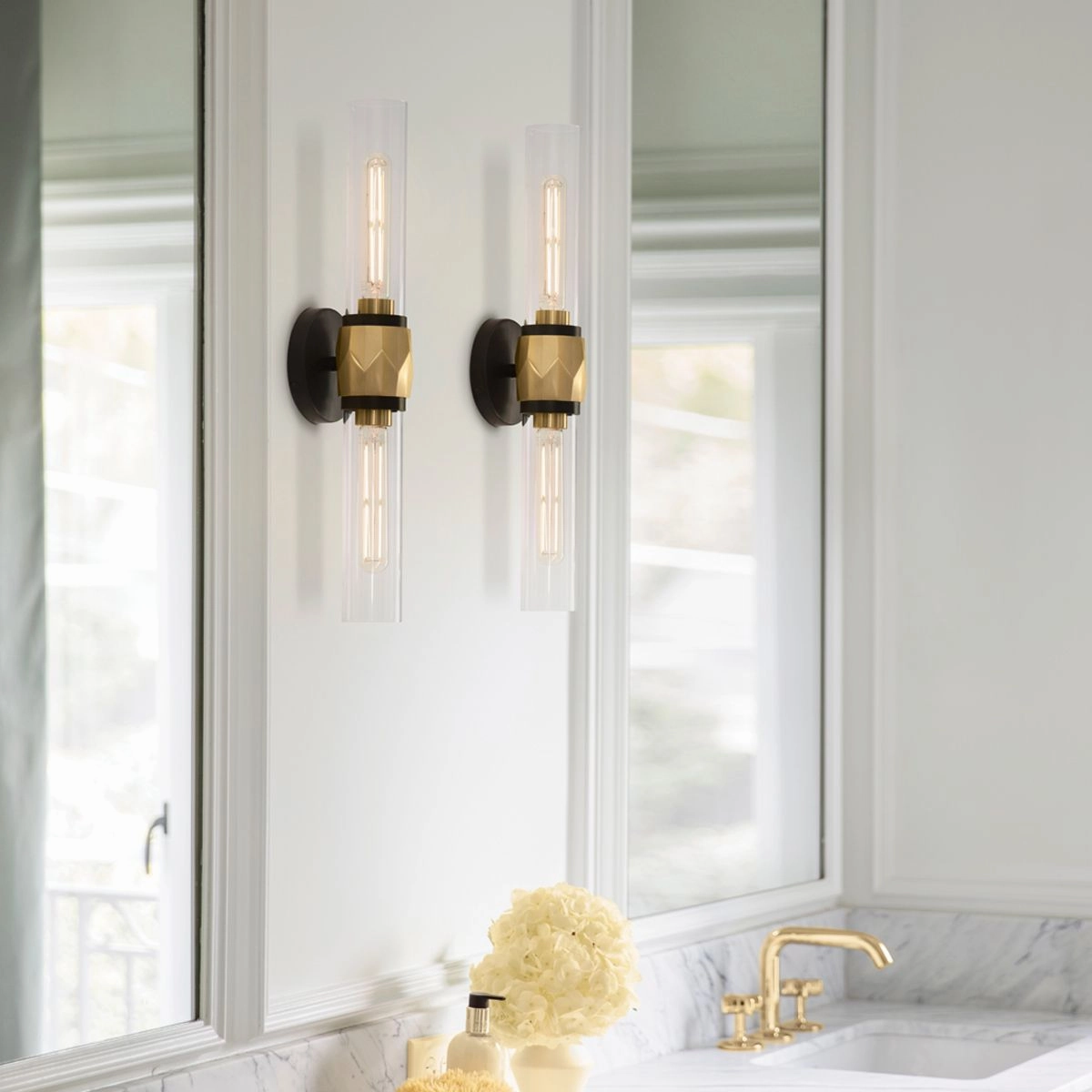 Ellison Double Black with Heritage Brass Wall Light. vintage desk lamp