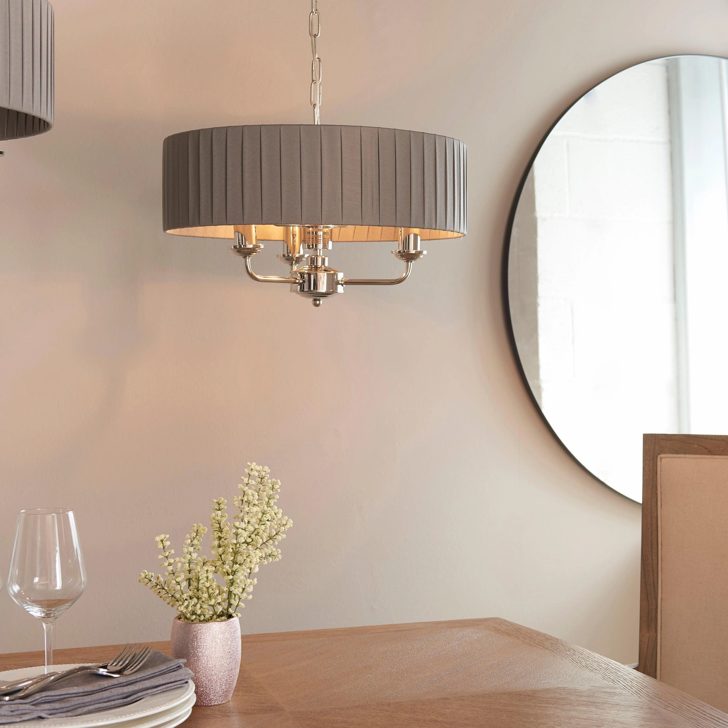 Endon Highclere Bright Nickel 3 Light Pendant - Charcoal Pleated Shade