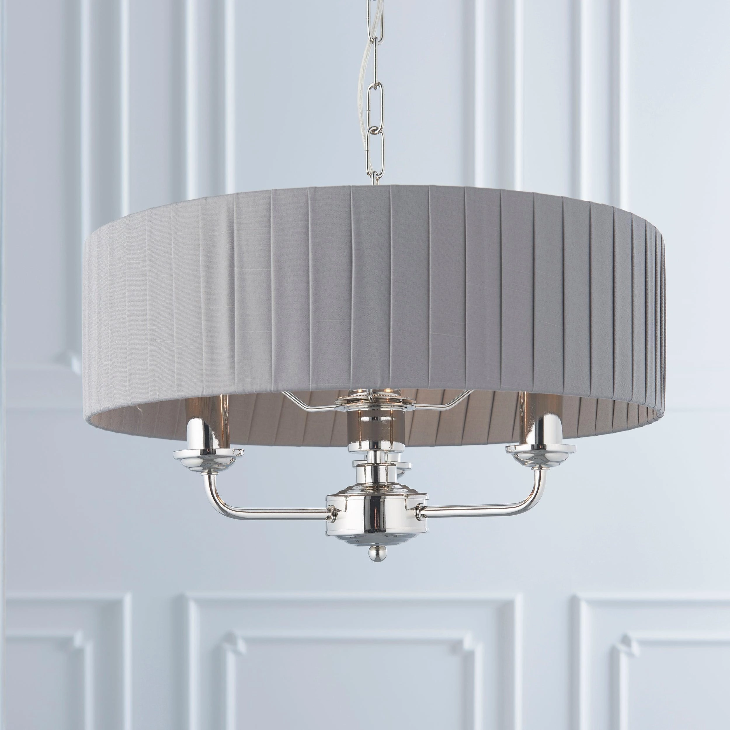 Endon Highclere Bright Nickel 3 Light Pendant - Charcoal Pleated Shade