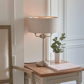 Endon Highclere Brushed Chrome 3 Light Table Lamp - Linen Shade energy-saving LED light
