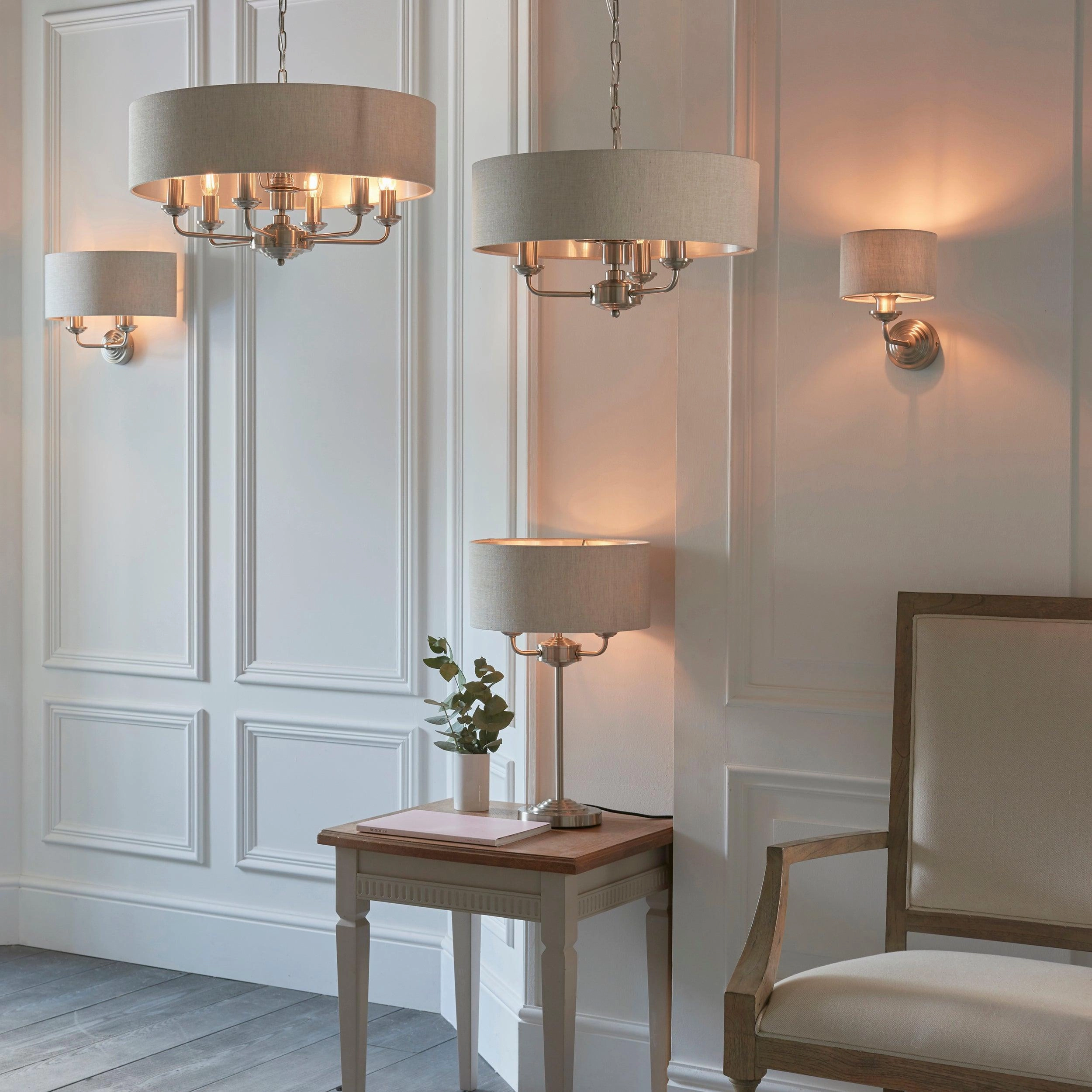 Endon Highclere Brushed Chrome 3 Light Table Lamp - Linen Shade