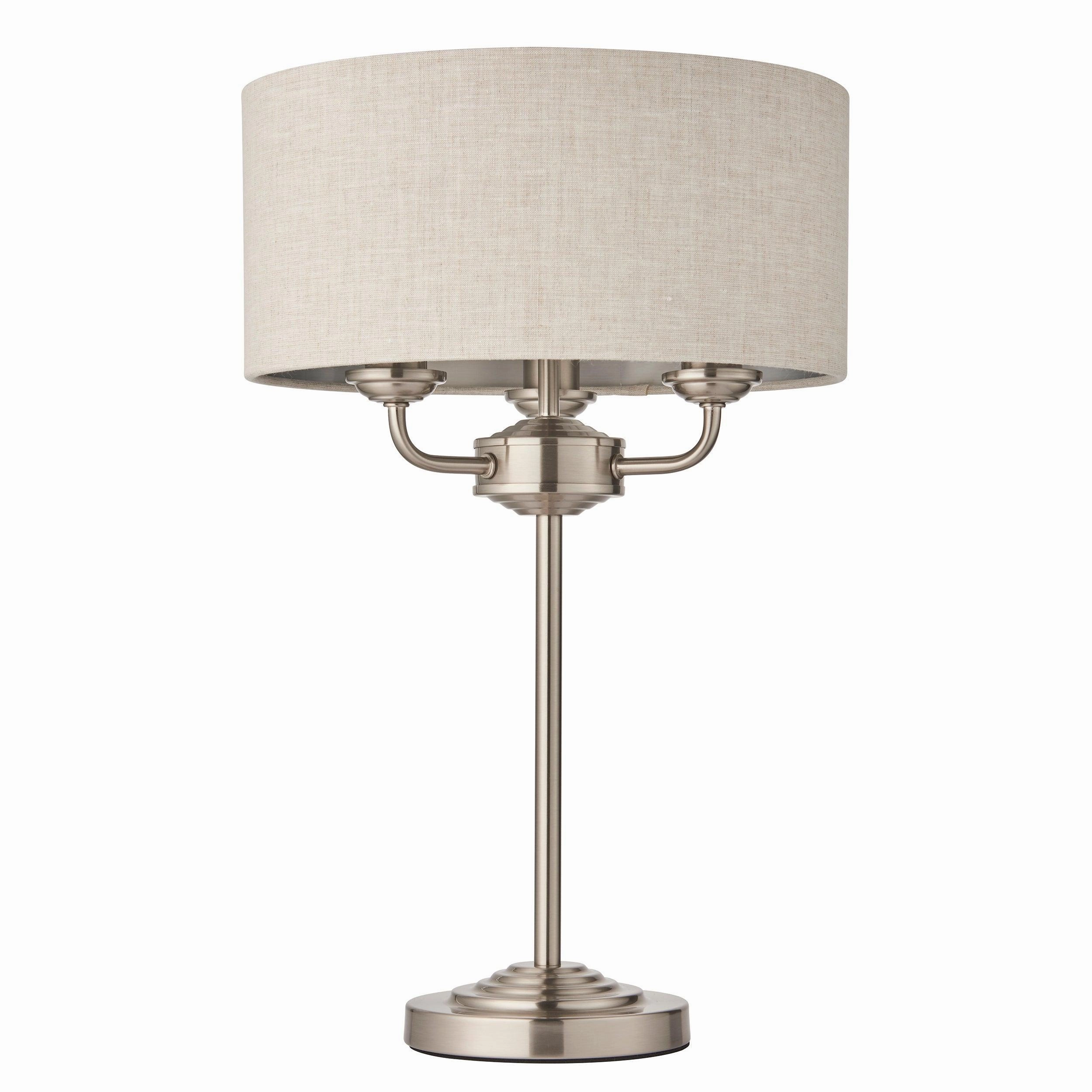 Endon Highclere Brushed Chrome 3 Light Table Lamp - Linen Shade