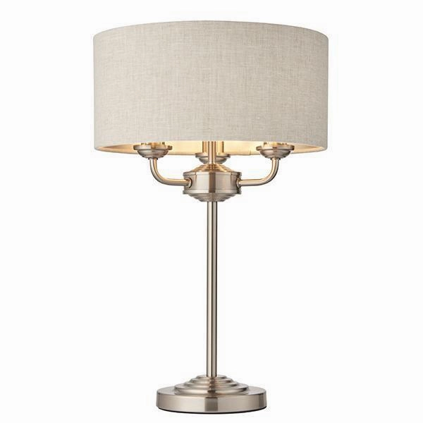 Endon Highclere Brushed Chrome 3 Light Table Lamp - Linen Shade