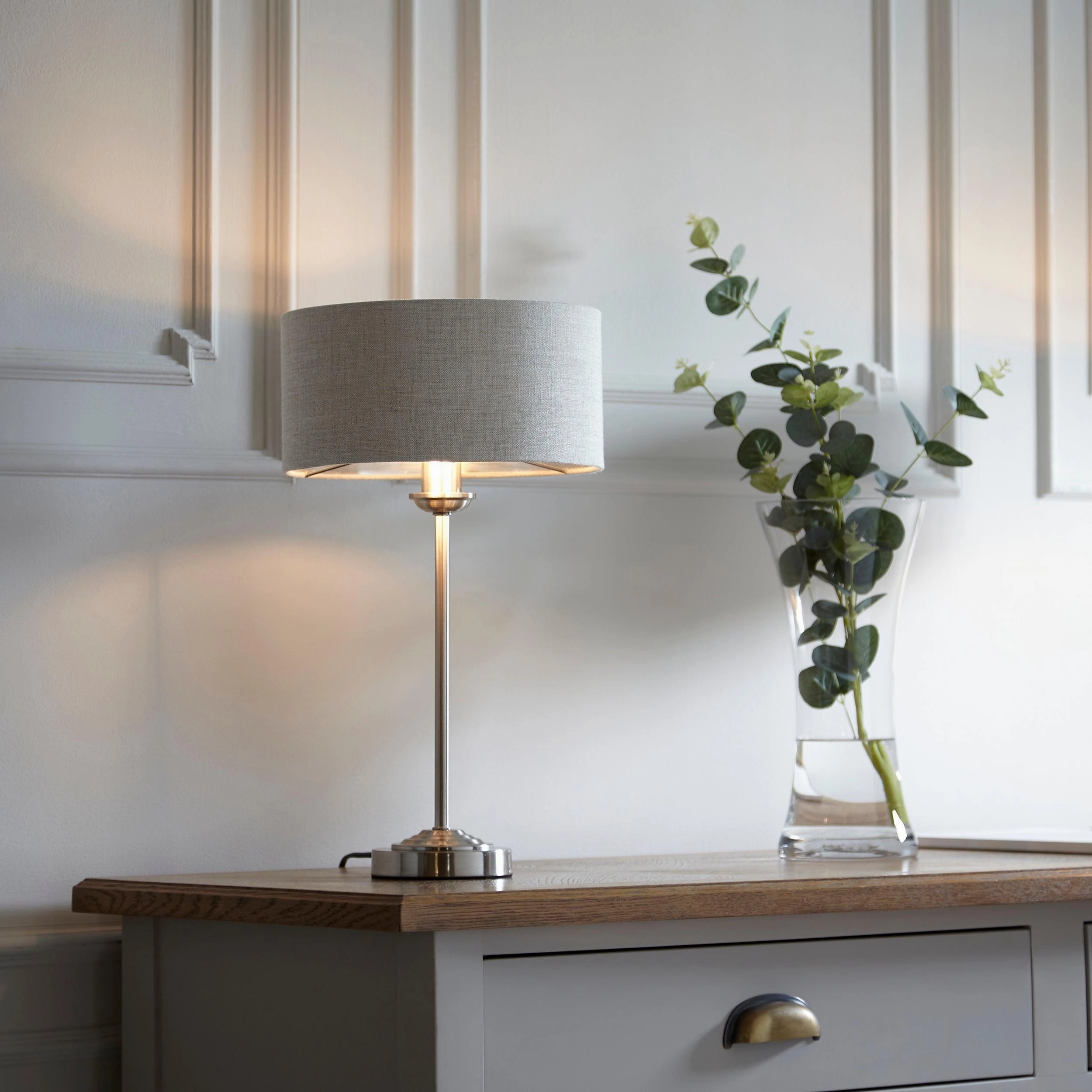 Endon Highclere Brushed Chrome Table Lamp - Linen Shade - Open Box energy-saving LED light