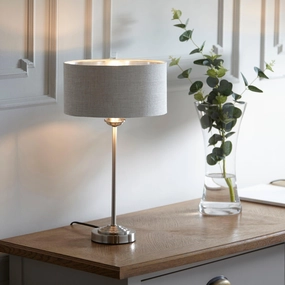 Endon Highclere Brushed Chrome Table Lamp - Linen Shade energy-saving LED light