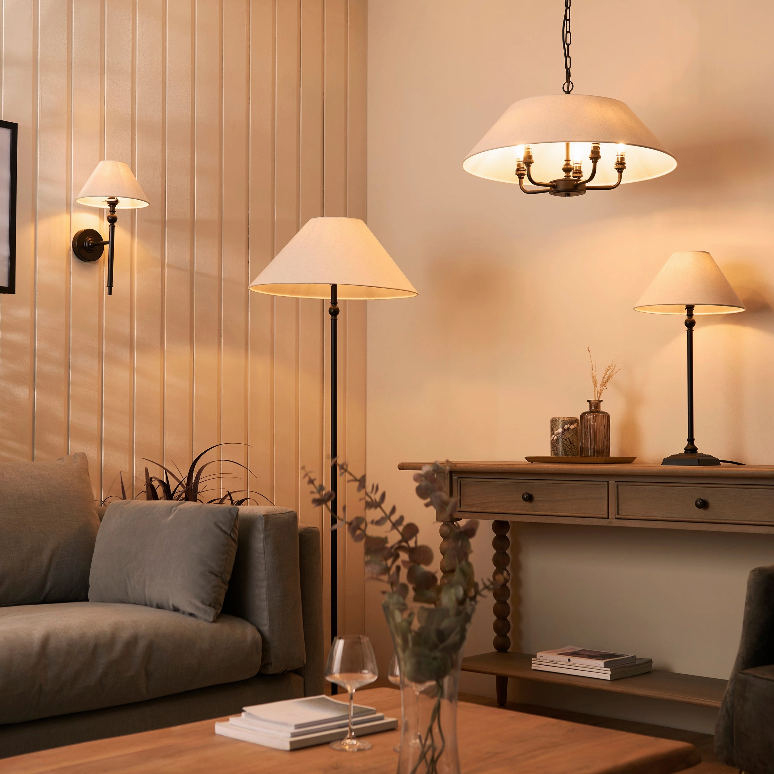 Endon Lille Antique Black 5 Light Pendant - Linen Shade