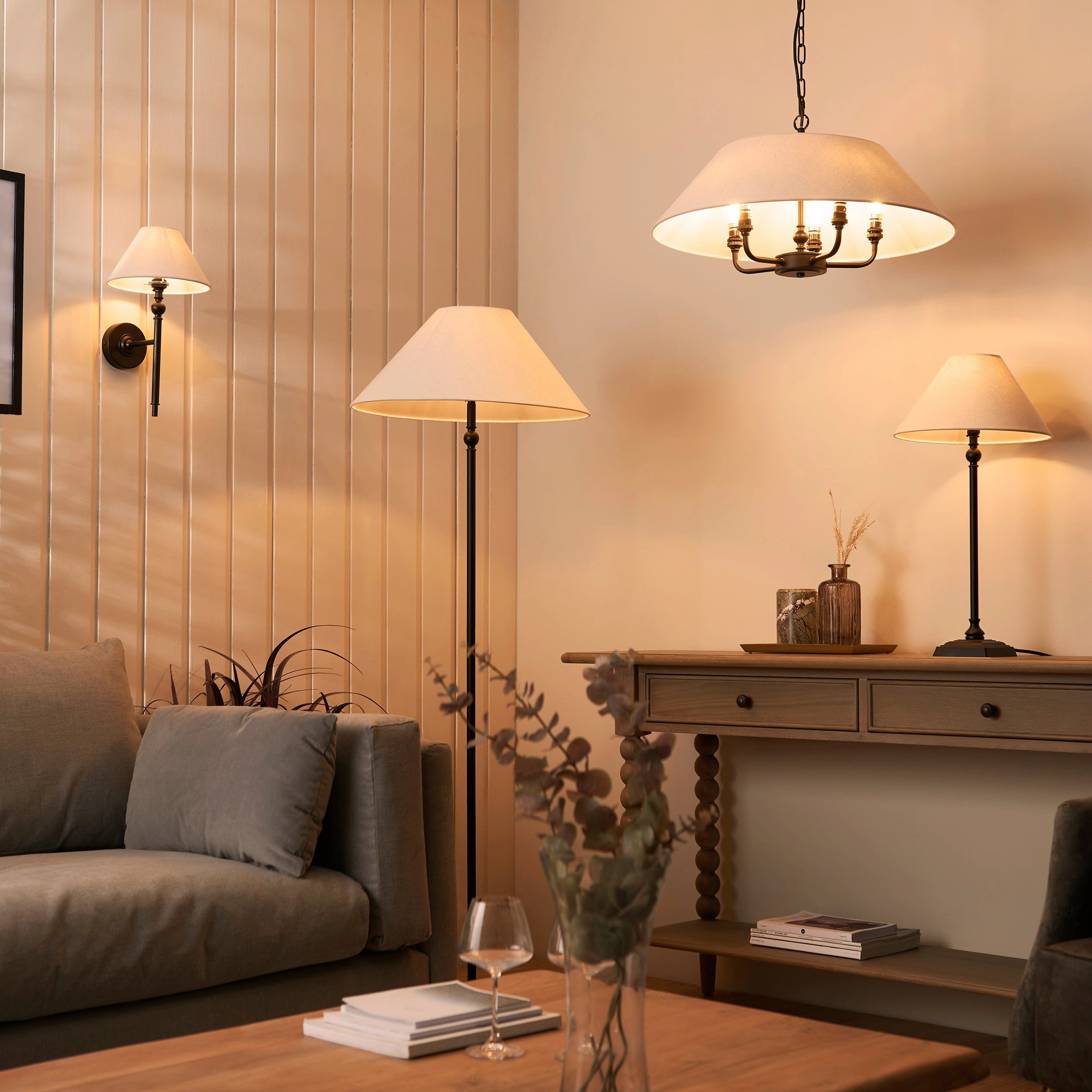 Endon Lille Antique Black 5 Light Pendant - Linen Shade