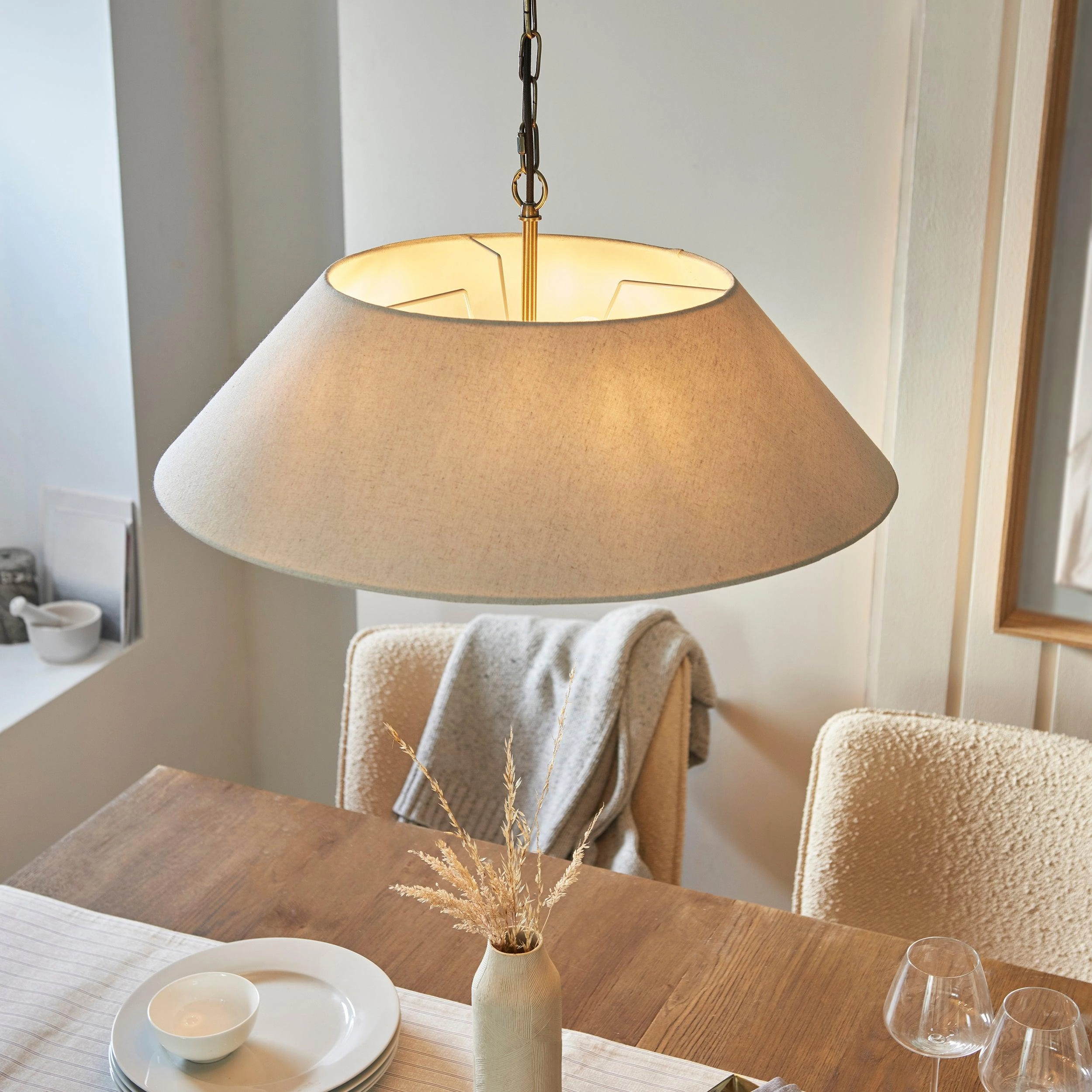 Endon Lille Antique Brass 5 Light Pendant - Linen Shade