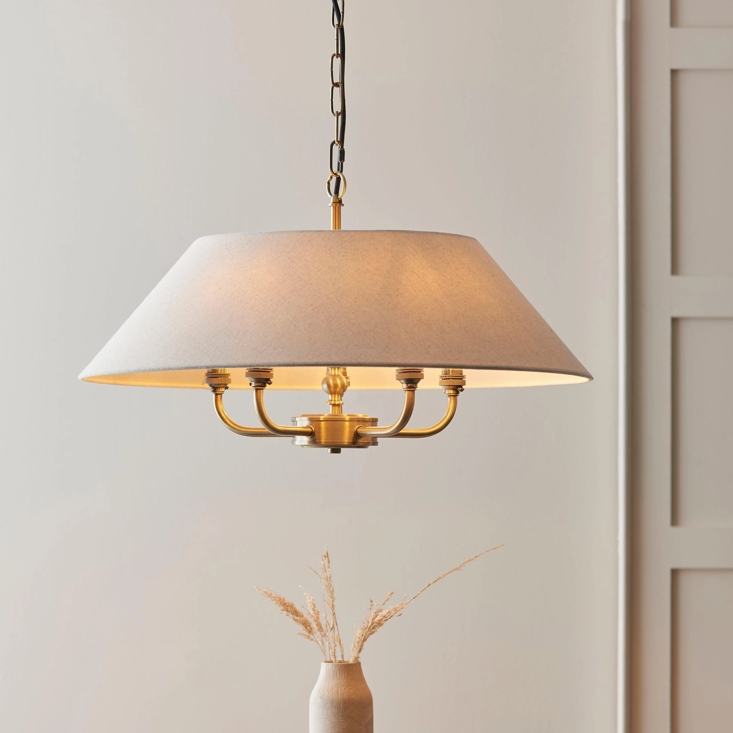 Endon Lille Antique Brass 5 Light Pendant - Linen Shade